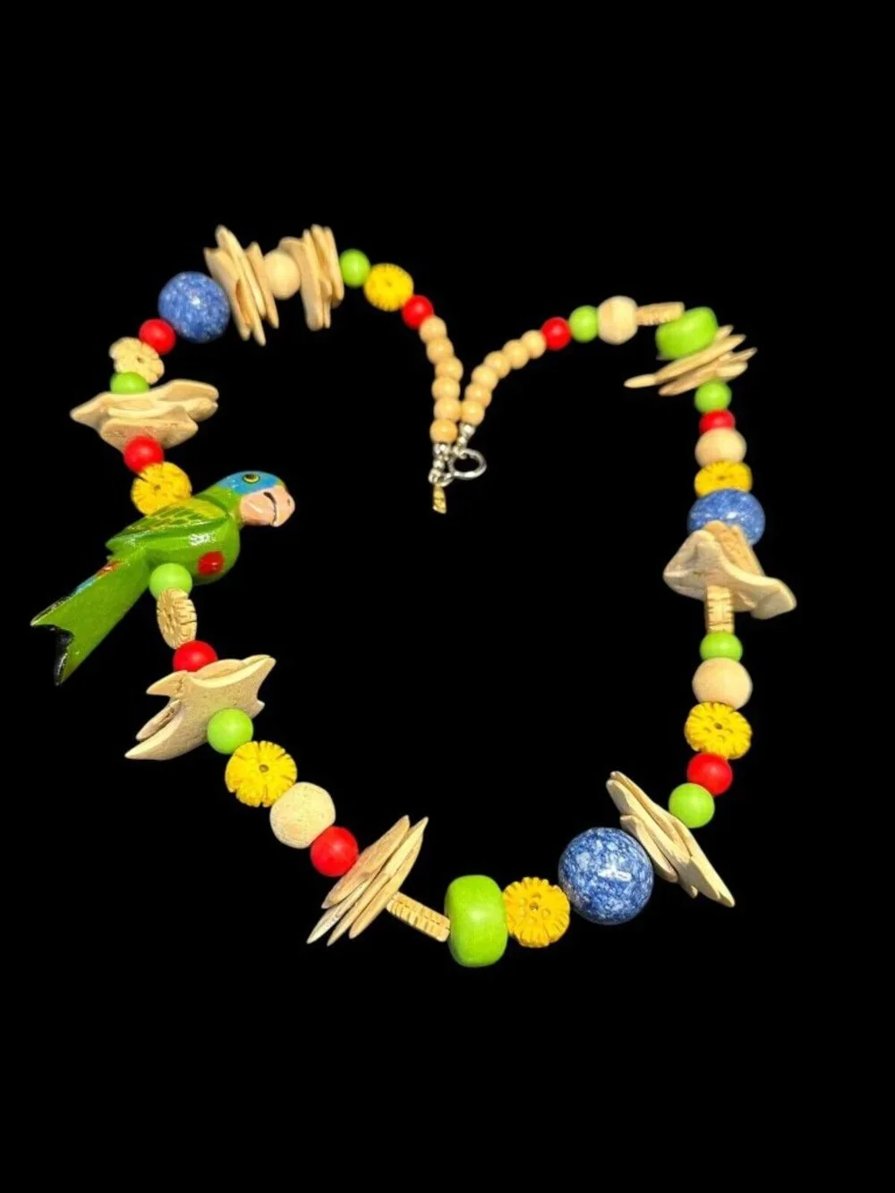 Signed PN Tropical Wood Beads Painted Parrot Necklace 27 inches Designer